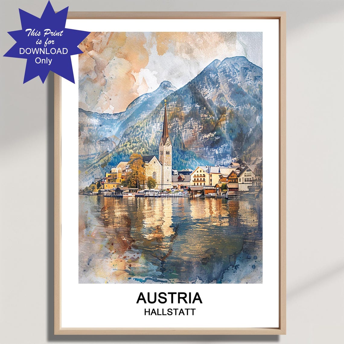 Hallstatt Austria Alpine Lake Village Watercolor Travel Poster