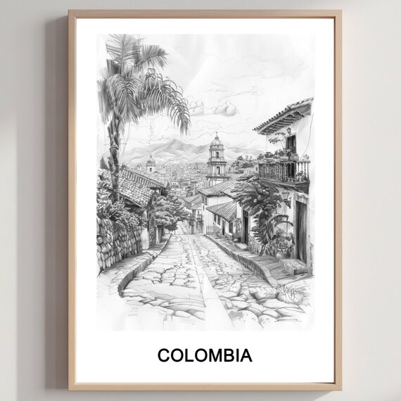 Colombia Cobblestone Colonial Street Pencil Sketch Travel Art Poster