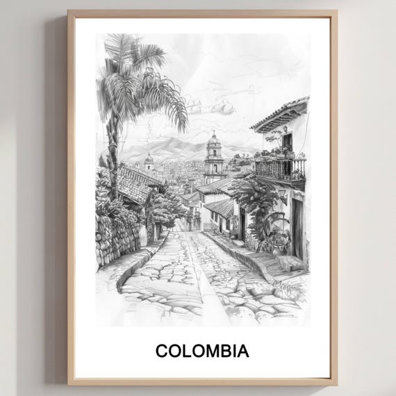 Colombia Street Scene Pencil Sketch Art Print