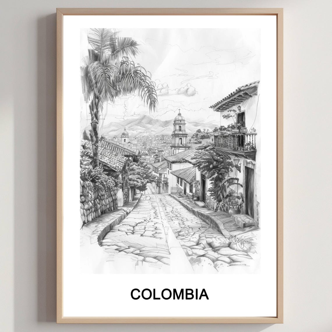 Colombia Cobblestone Colonial Street Pencil Sketch Travel Art Poster