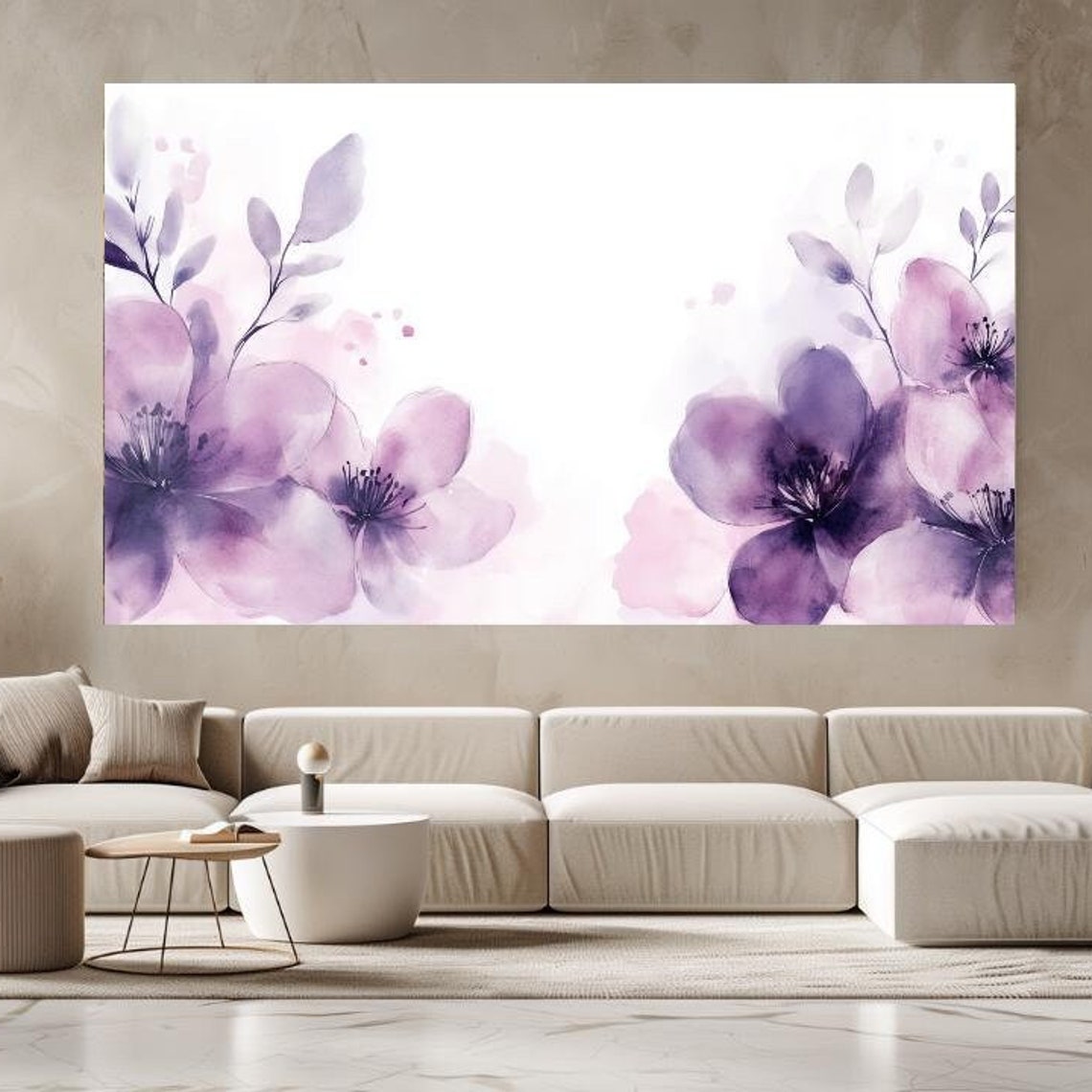 Elegant Large Purple Watercolor Blossoms on White Floral Wall Art