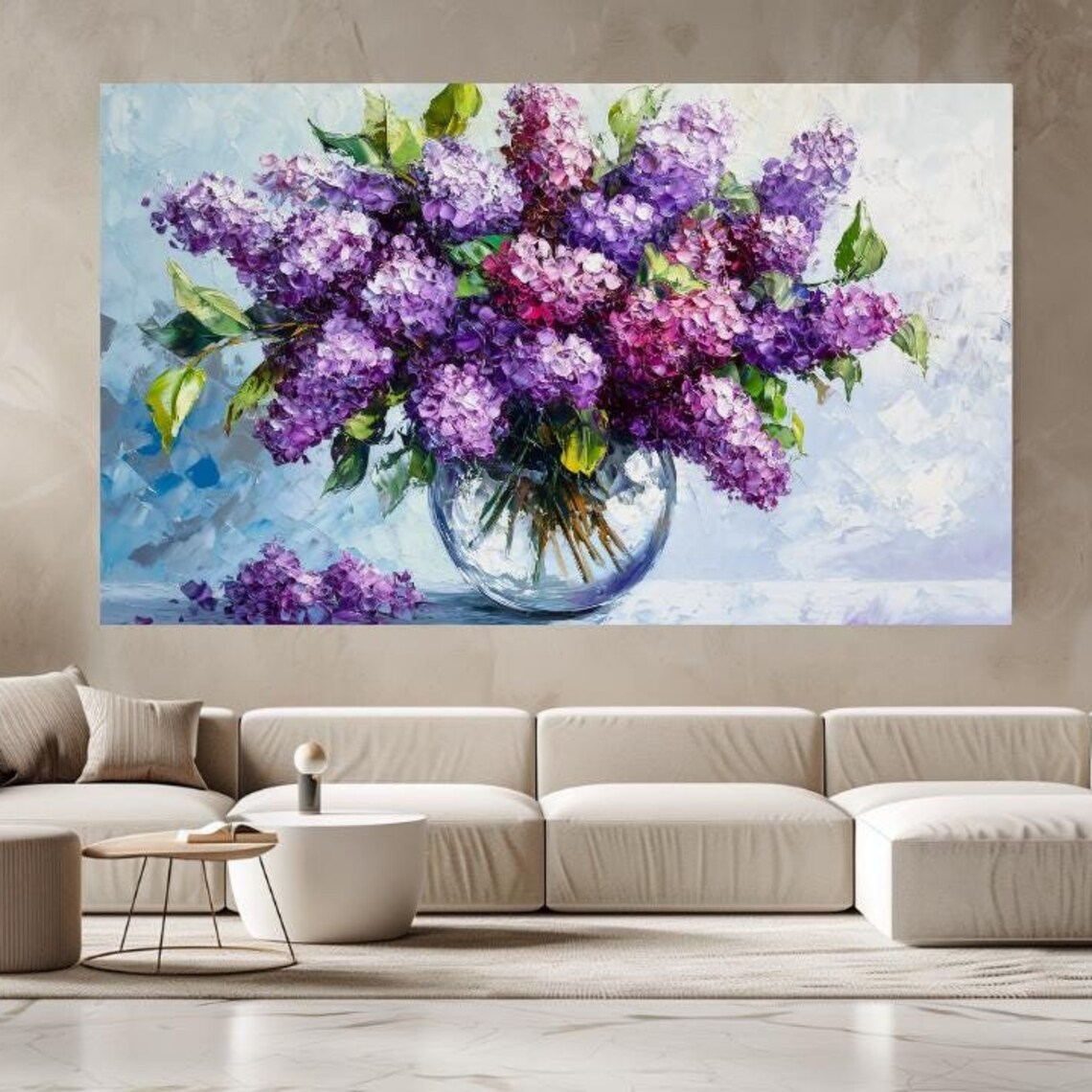 Purple Lilac Bouquet Oil Painting in Glass Vase Floral Wall Art Poster