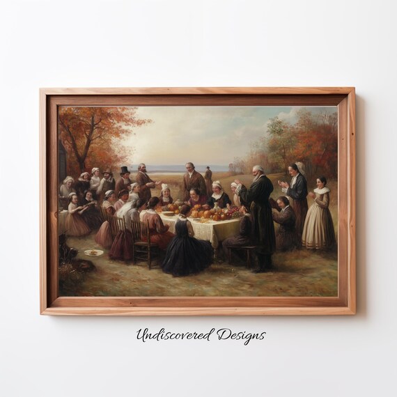 First Thanksgiving Outdoor Feast Vintage Pilgrim Oil Painting Poster