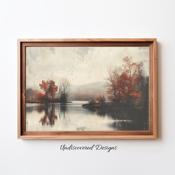 Autumn River Landscape with Orange Trees Vintage Fall Reflection Poster