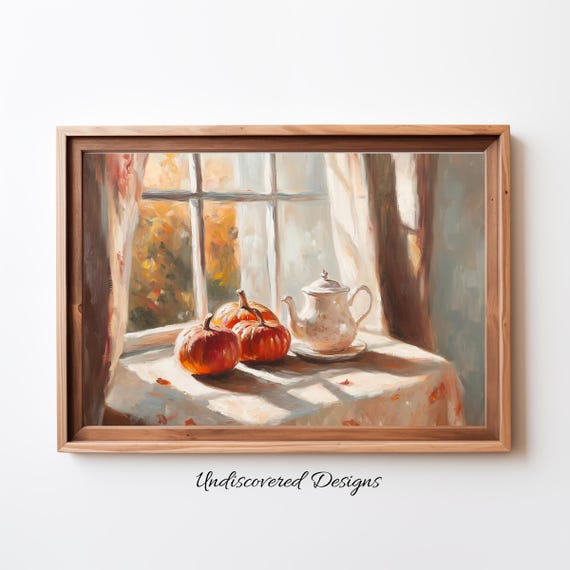 Coffee Pumpkin Window Still Life Painting Art Printout Wall Vintage Prints Print