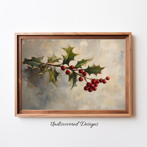 Holly Branch With Red Berries Vintage Christmas Oil Painting Poster
