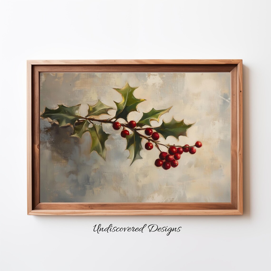 Holly Branch With Red Berries Vintage Christmas Oil Painting Poster
