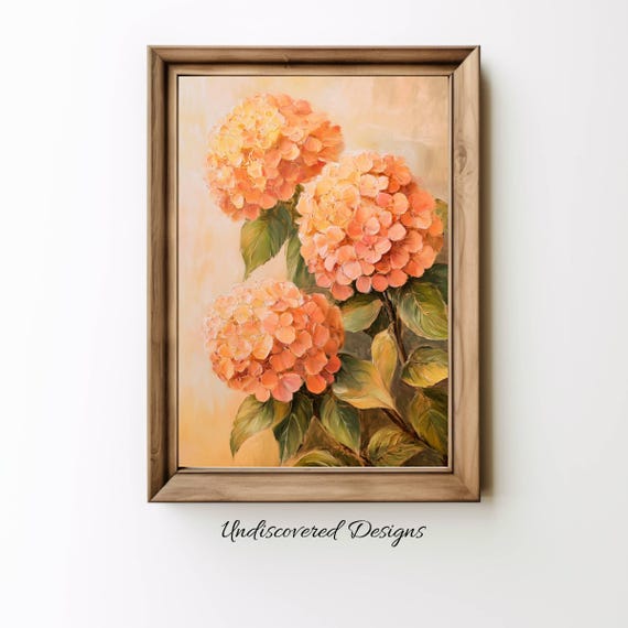 Peach Hydrangea Print Vintage Floral Farmhouse Decor