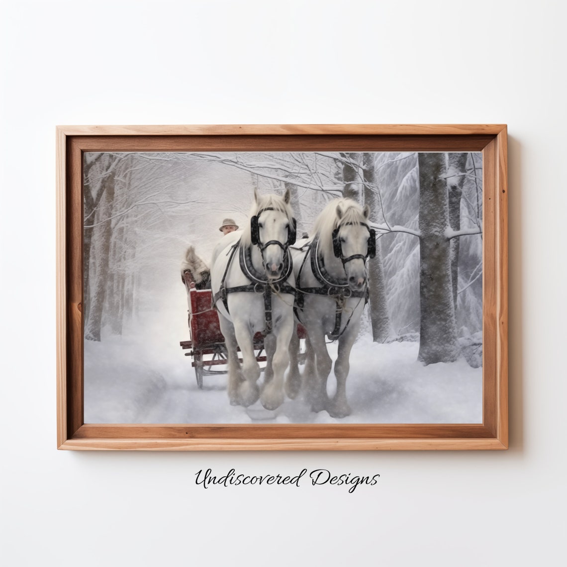 White Horses Pulling Red Sleigh Snowy Forest Winter Ride Poster