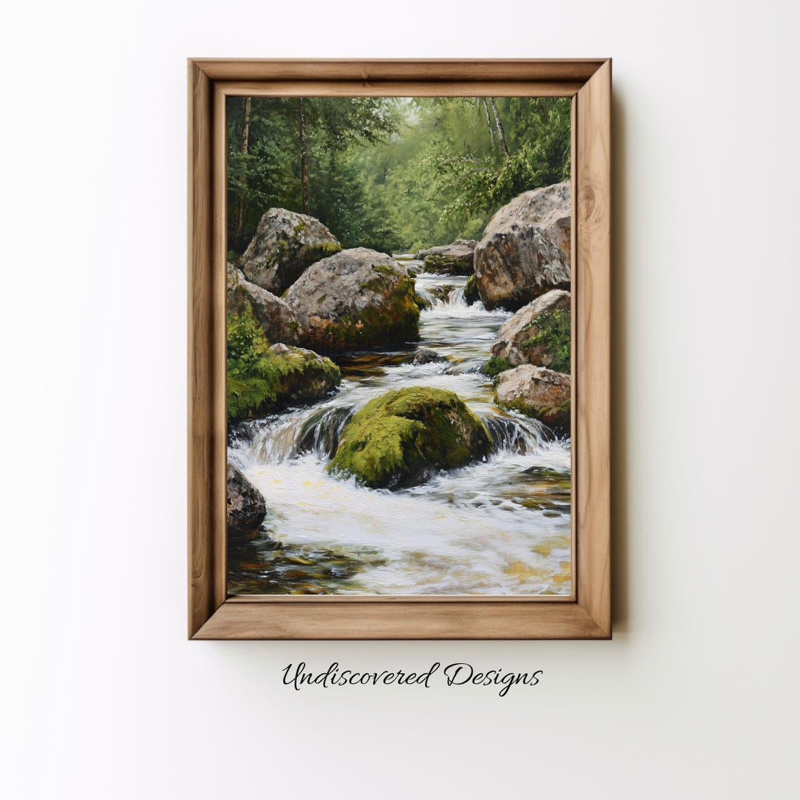 Mossy River Rocks Forest Stream Woodland Vintage Nature Art Print