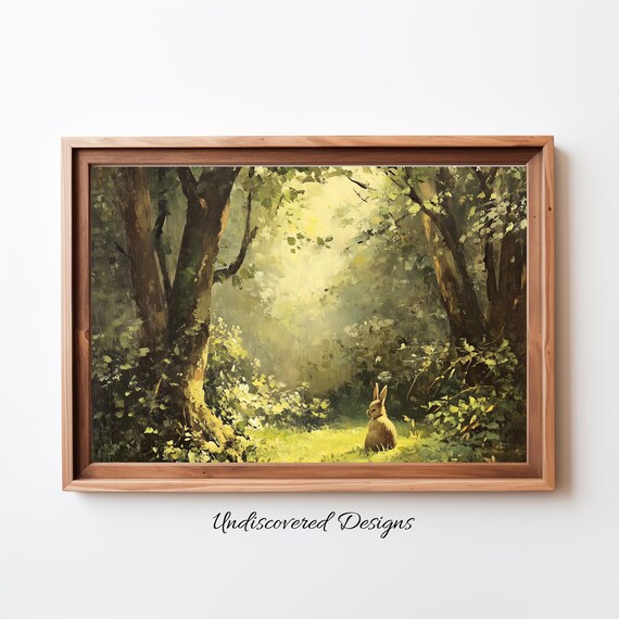 Vintage Rabbit Forest Art Print Farmhouse Spring Decor