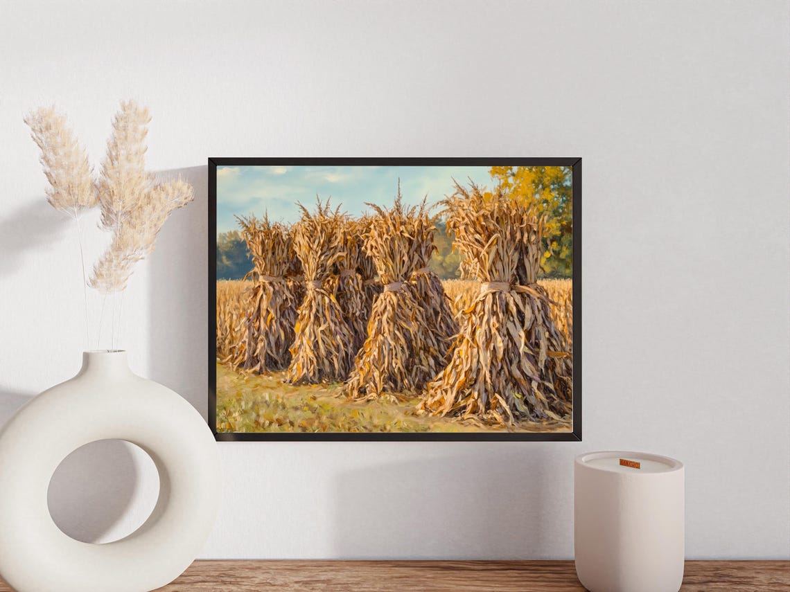 Autumn Corn Stooks Harvest Field Painting Rustic Fall Decor Poster