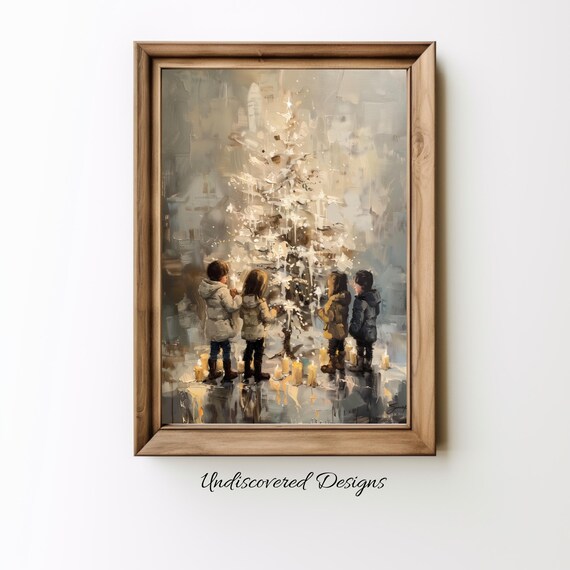 Children Around Christmas Tree Vintage Holiday Painting Poster
