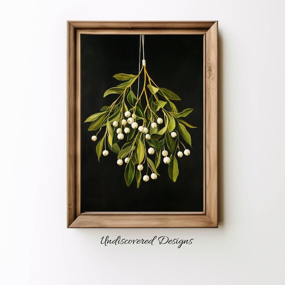 Vintage Mistletoe Botanical Oil Painting Hanging Christmas Botanical Art Poster
