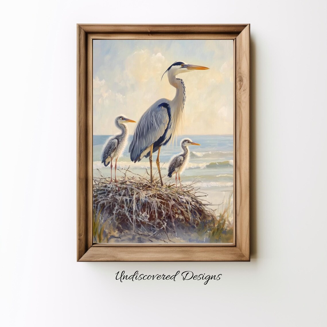 Great Blue Heron With Two Chicks Coastal Nest Painting Poster