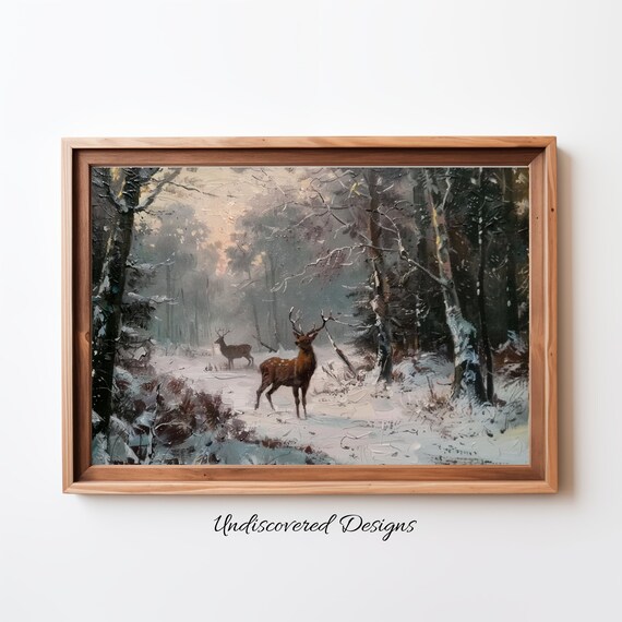 Red Deer In Winter Art Printout Wall Vintage Prints Print Oil Painting