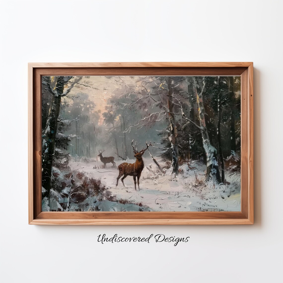 Vintage Red Deer In Snowy Winter Forest Oil Painting At Dusk Poster