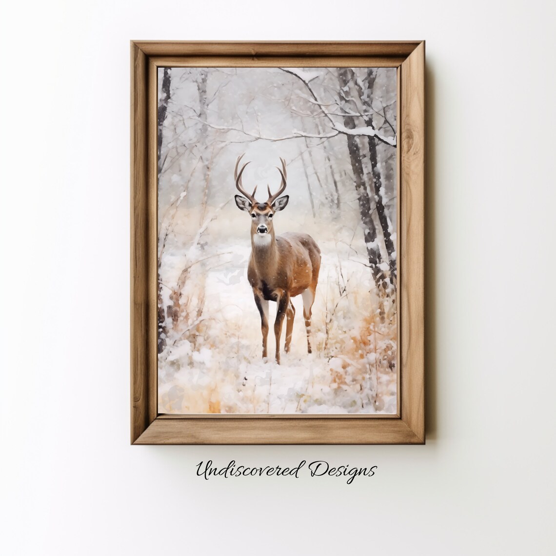 Buck Deer With Antlers Standing In Snowy Winter Forest Wildlife Poster