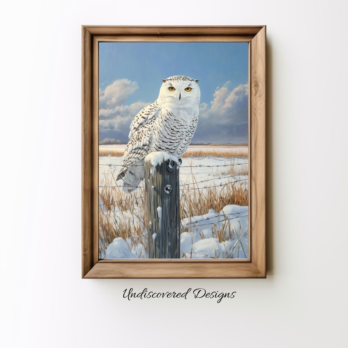 Snowy Owl Perched On Fence Post Winter Vintage Farmhouse Art Poster