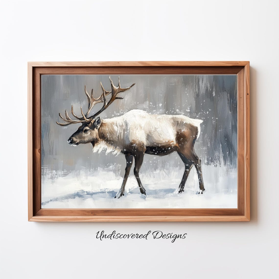 Reindeer With Grand Antlers Standing In Falling Snow Winter Poster
