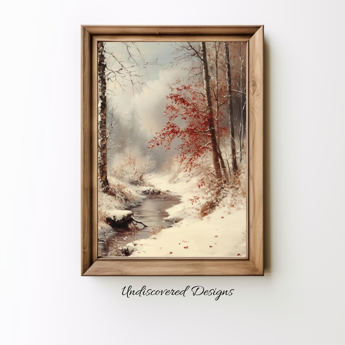 Winter Stream in Snowy Forest Vintage Oil Painting Farmhouse Poster