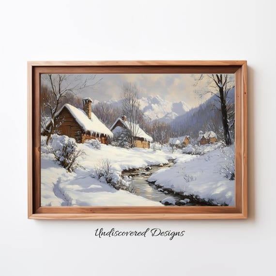 Snowy Village And River Wall Art Vintage Print Winter Farmhouse Decor Printout