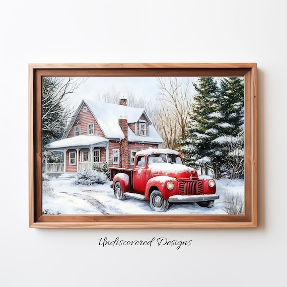 Red Vintage Truck Snowy Farmhouse Christmas Winter Art Poster
