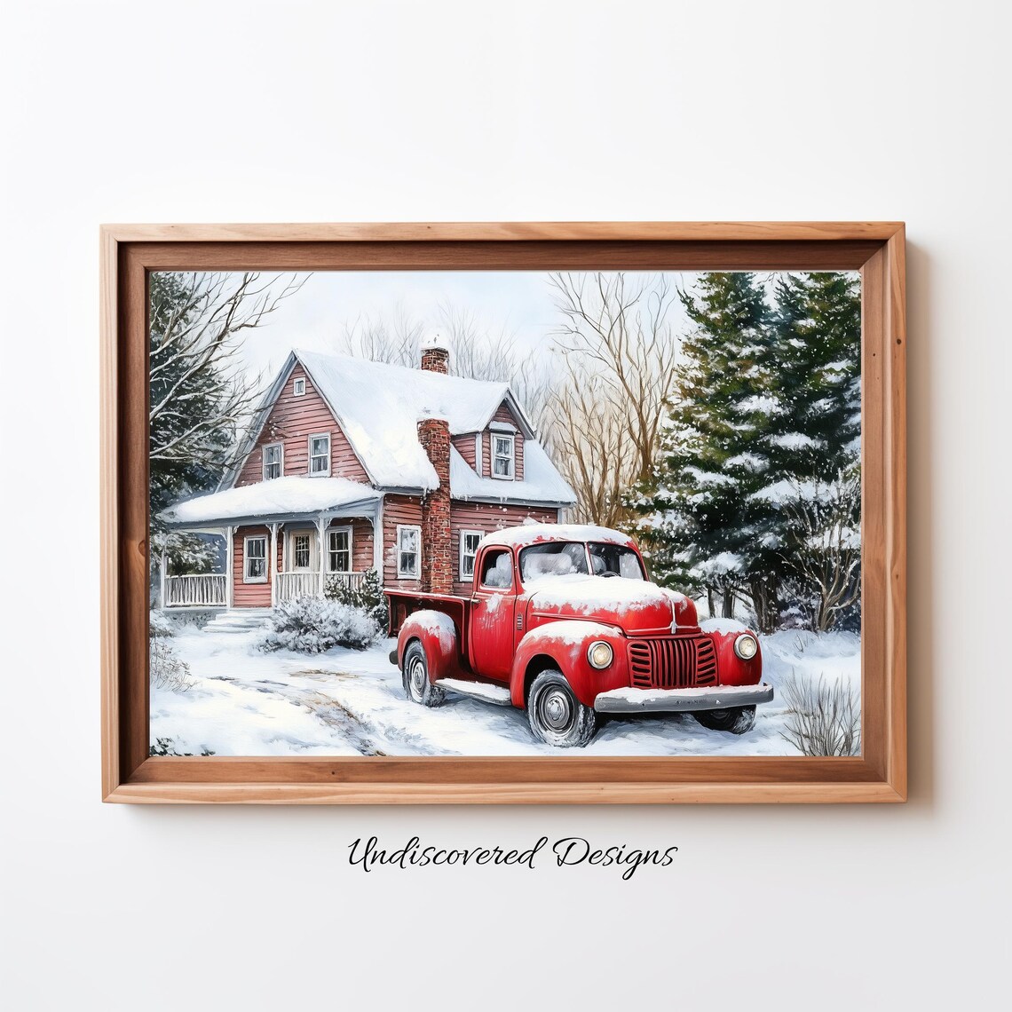 Red Vintage Truck Snowy Farmhouse Christmas Winter Art Poster