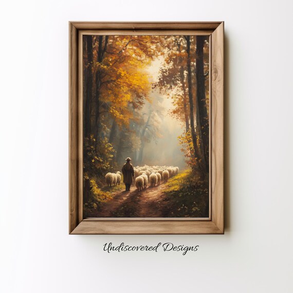 Shepherd Leading Flock of Sheep on Autumn Forest Path Art Poster