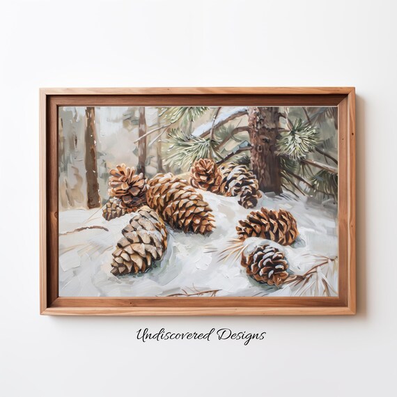 Vintage Pinecones Christmas Oil Painting Botanical Winter Poster