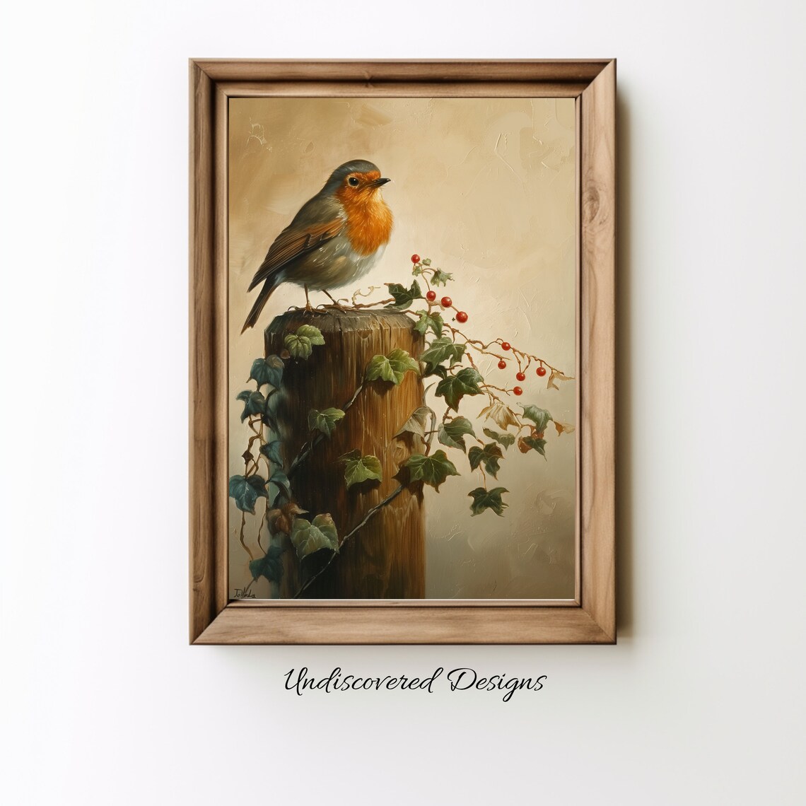 European Robin On Ivy Post With Red Berries Oil Painting Poster