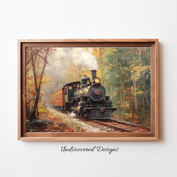 Vintage Steam Train Art Print Forest Landscape Oil Painting