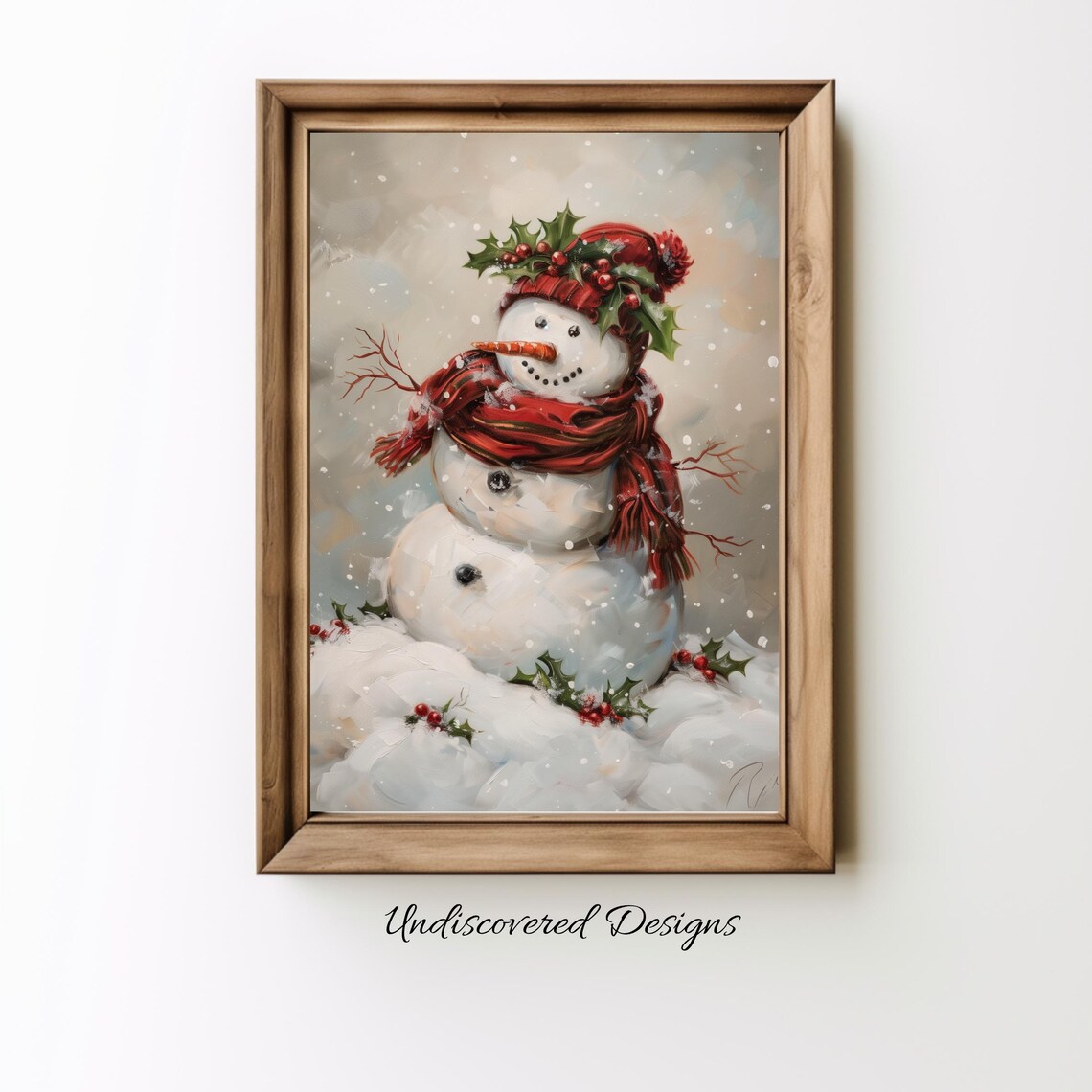 Vintage Snowman Painting Red Scarf Holly Christmas Holiday Poster