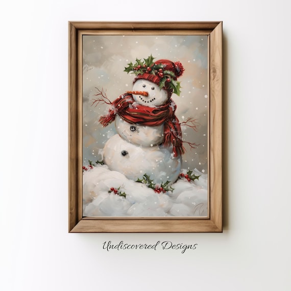 Vintage Snowman Painting Red Scarf Holly Christmas Holiday Poster