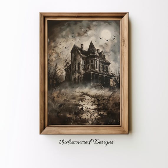 Old Haunted House Spooky Halloween Art Dcor Wall Vintage Prints Oil Painting