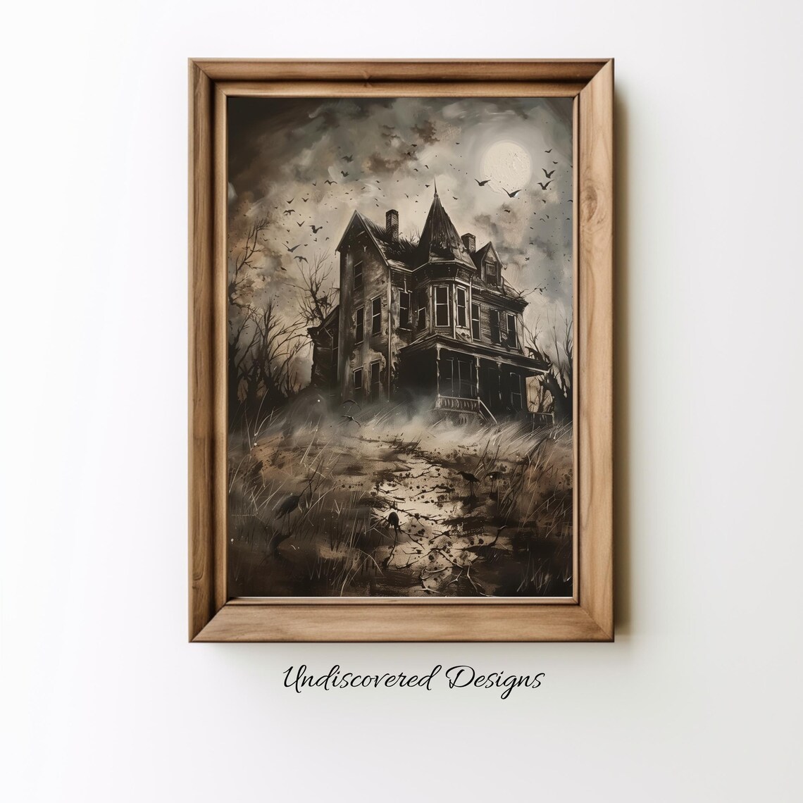 Moonlit Victorian Haunted House Sepia Halloween Night Scene Poster