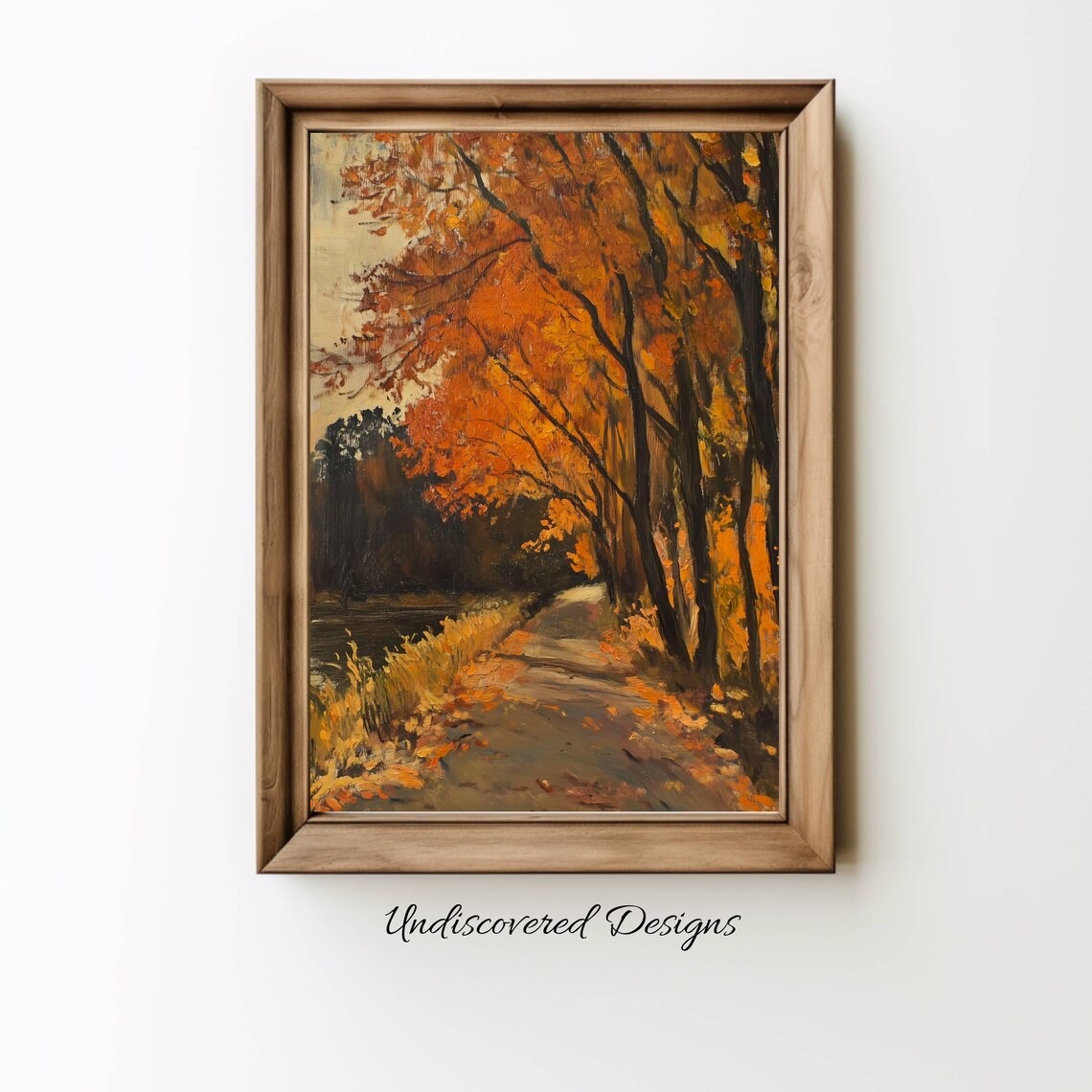 Autumn Forest Road With Fiery Orange Leaves Oil Painting Art Print