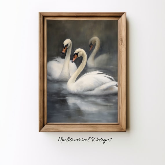 Swans Oil Painting Print Vintage Gothic Wall Art