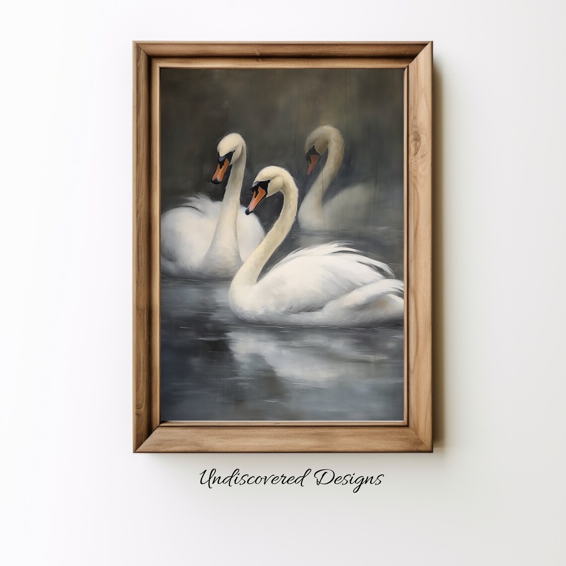 Three White Swans Gliding On Dark Still Water Oil Painting Poster