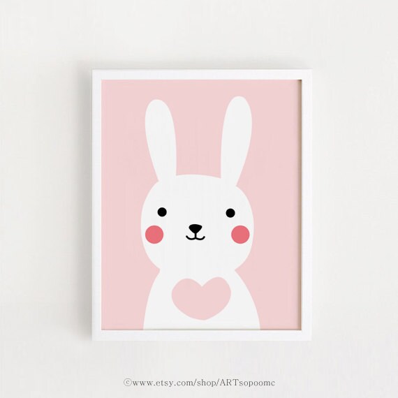 Pink Bunny Nursery Art Print, Girls Room Decor
