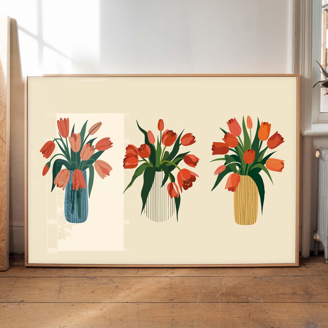 Triple Tulip Bouquets In Graphic Vases Mid Century Horizontal Wall Art