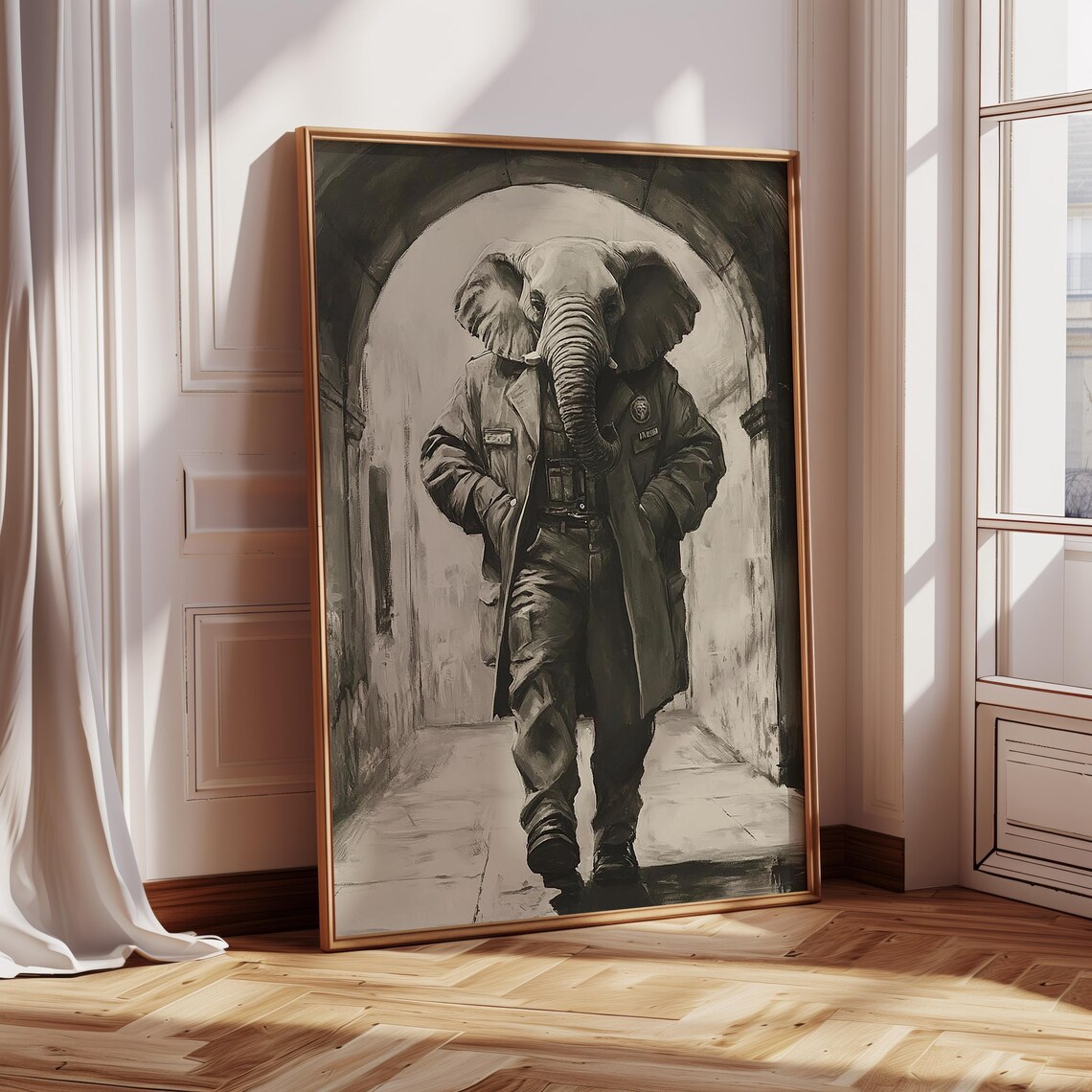 Quirky Elephant Detective In Trench Coat Striding Through Archway Poster - Image 3