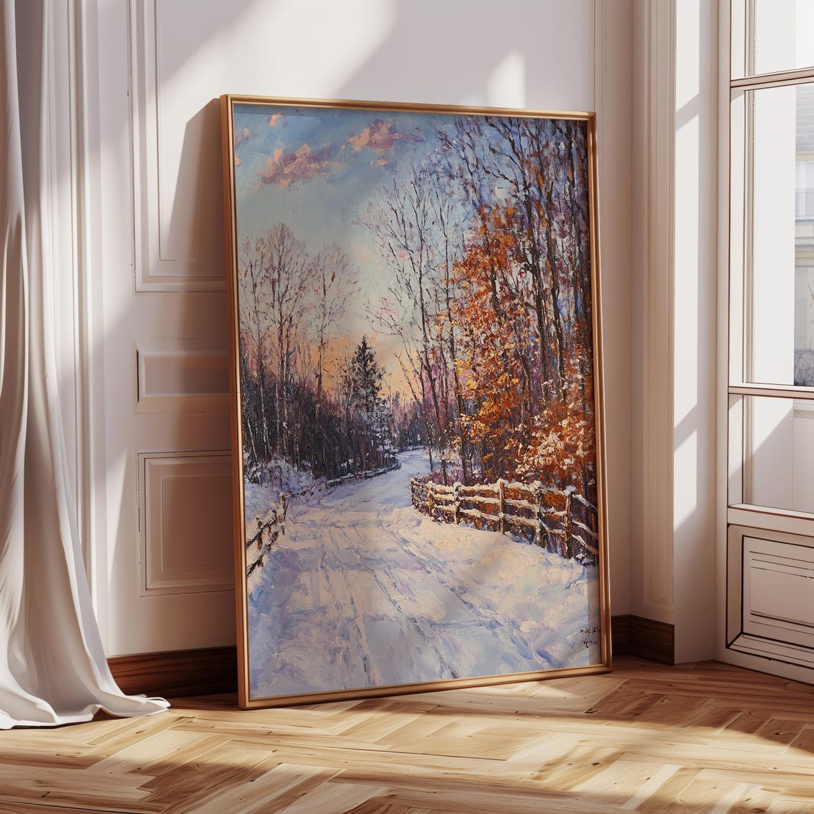 Snowy Winter Road at Sunset Winding Through Pine Forest Poster
