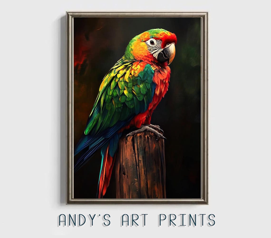 Colorful Macaw Parrot On Wooden Post Dark Background Art Poster - Image 3