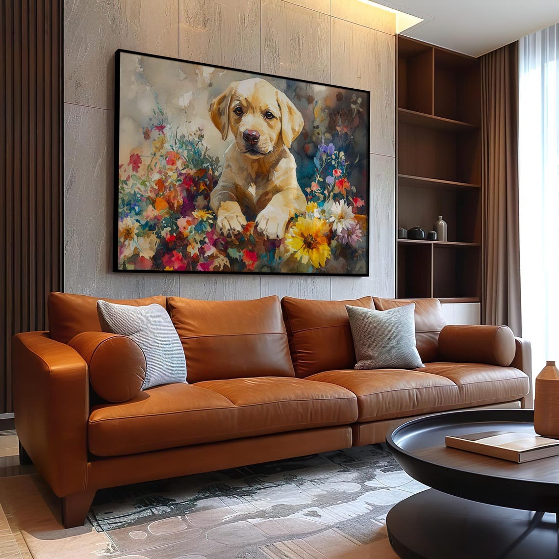 Yellow Labrador Puppy Among Colorful Flowers Watercolor Poster - Image 3