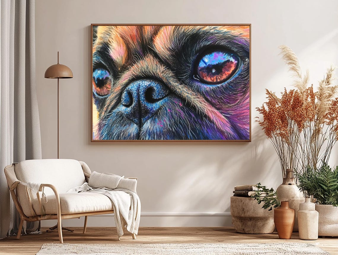 Playful Pug Face Close-Up In Bold Neon Purple Blue Orange Art Poster - Image 3