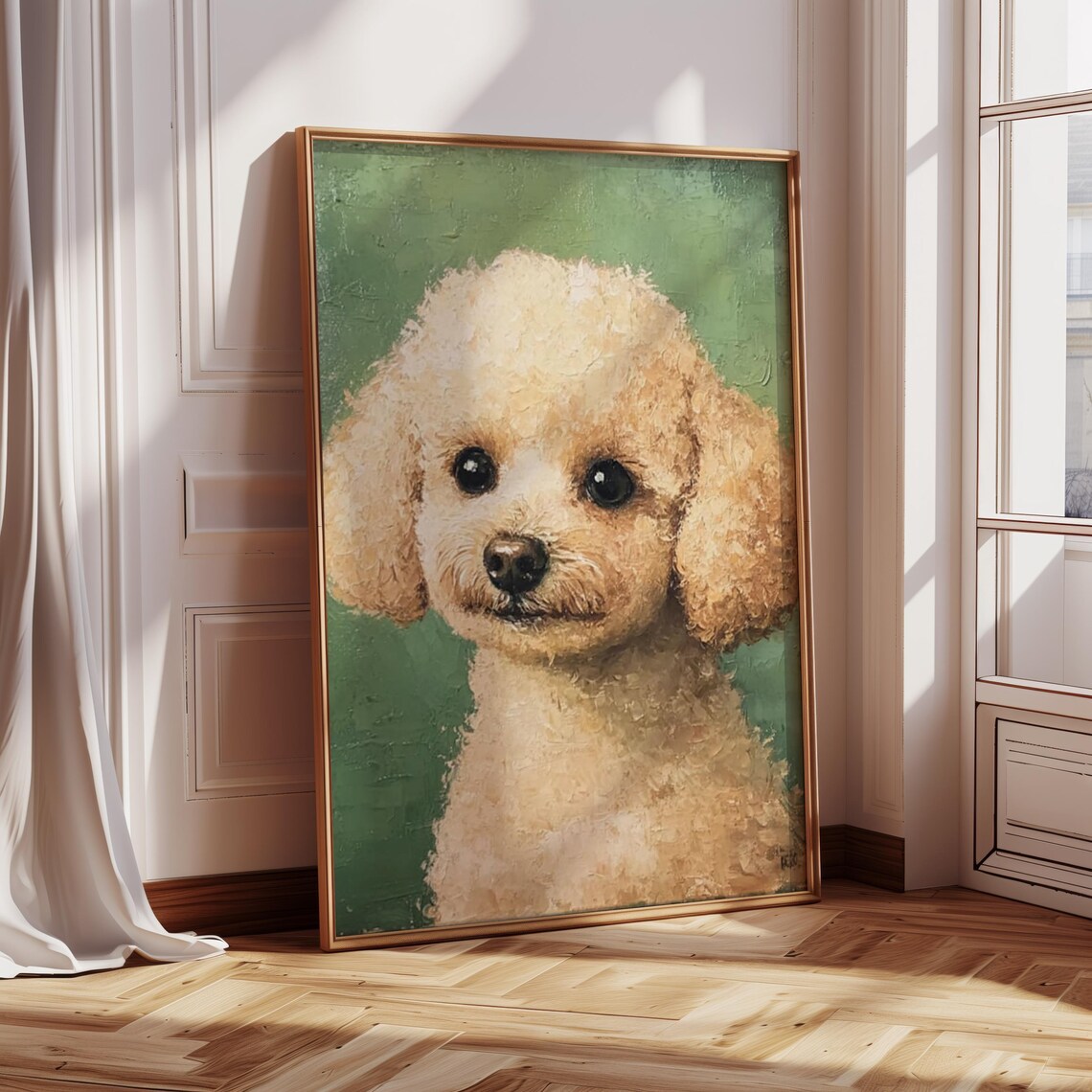 Apricot Poodle Puppy Portrait Green Background Oil Art Poster - Image 3