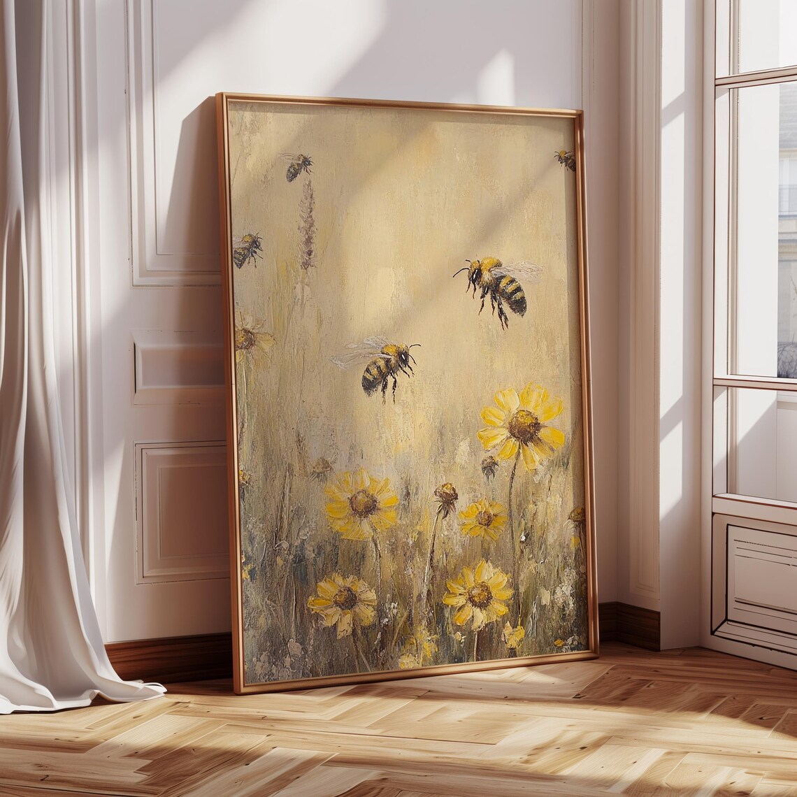 Honeybees Flying Over Yellow Wildflowers Golden Meadow Poster - Image 3