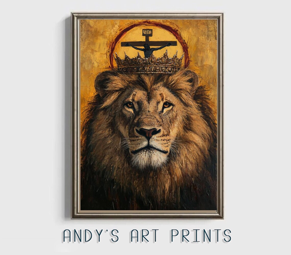 Crowned Lion Beneath The Cross Of Christ INRI Christian Poster - Image 3