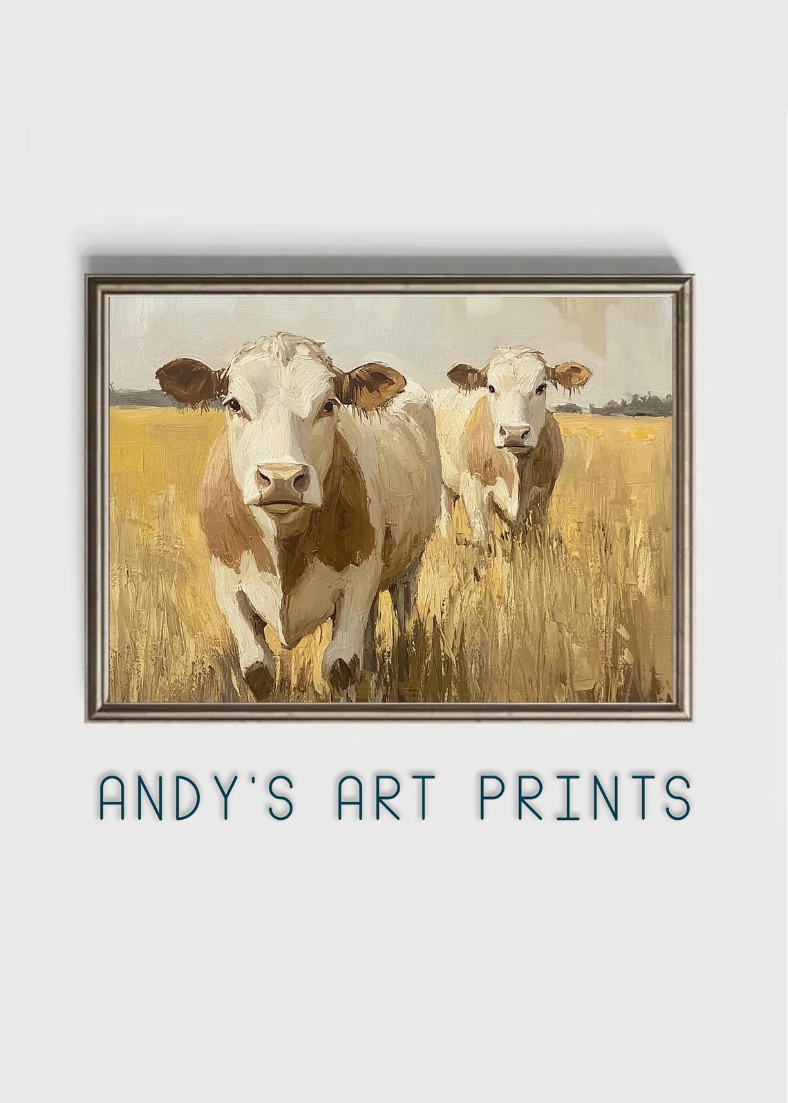 Two Cows In Golden Wheat Field Rustic Farm Oil Painting Poster